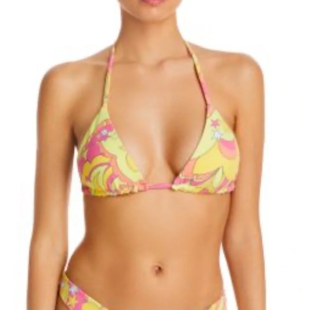 New! Frankie's Bikinis Tia Peace Terry Yellow Pink Patterned Bikini 1067